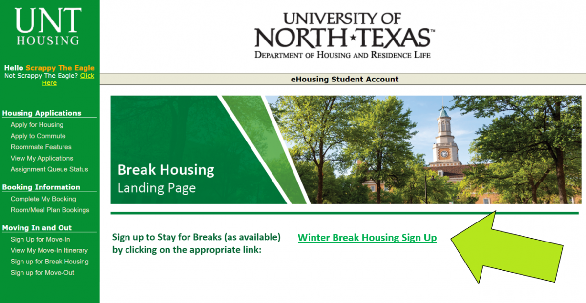 eHousing - Break Housing - Winter Break Sign Up link indicated with arrow 